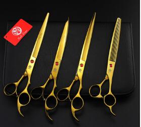 new arrival 8.0 inch 4 pcs a set profeessinal pet gold flat teeth Curved scissors hair scissors set kits scissors sets suit pet scissors