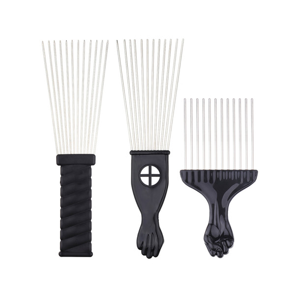 tyling Tools Combs Wide Teeth Metal Afro Comb Insert Curly Hairbrush Hair Fork Pick Comb Fist Shape Black Handle Hairdressing Brush Styli...