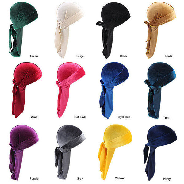 Velvet Durag Men's Turban Cap 12 Colors Women Headwear Breathable Hip Hop Long Tail Hair Accessories Styling Tool 50pcs