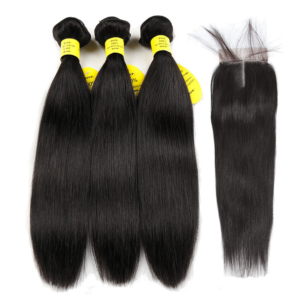 Queen like Hair Products Human Hair Bundles Lace Closure Non Remy Weft Brazilian Straight Weave 3 Bundles With Closure