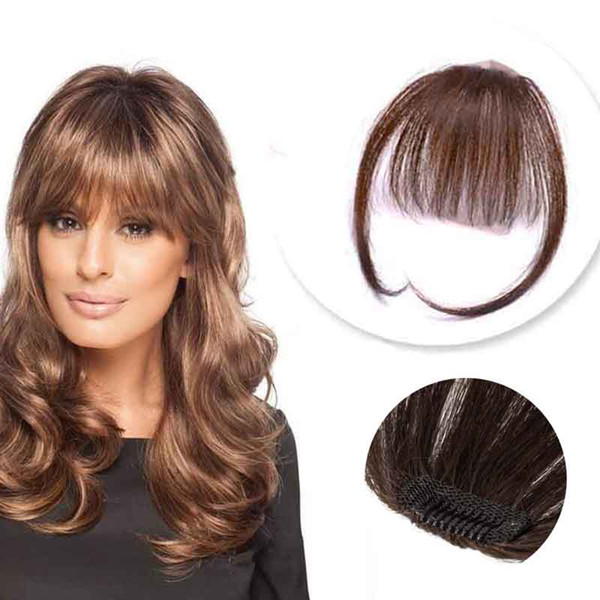 Human Hair Clip on Air Bangs Women Dark Brown Hair Bangs with Temples Hand Made Fringe Hair Clip Front Extensions Hairpiece