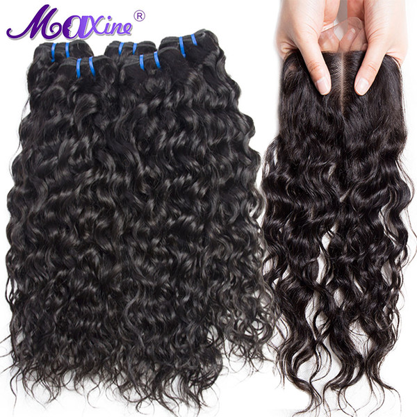 Maxine Hair 3 Bundles Brazilian Water Wave Human Hair With 4*4 Inch Lace Closure Bleached Knots Non Remy Weave 4 Pcs/Lot