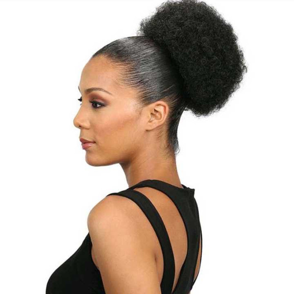 Natural Ponytail Afro Short Kinky Curly Wrap Drawstring Hair Clips in hair bun