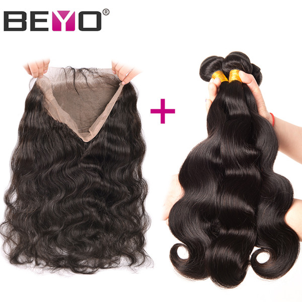 Beyo Hair 360 Lace Frontal With Bundle Brazilian Body Wave Non-Remy Human Hair Bundles 360 Frontal Closure With Baby 4PCS