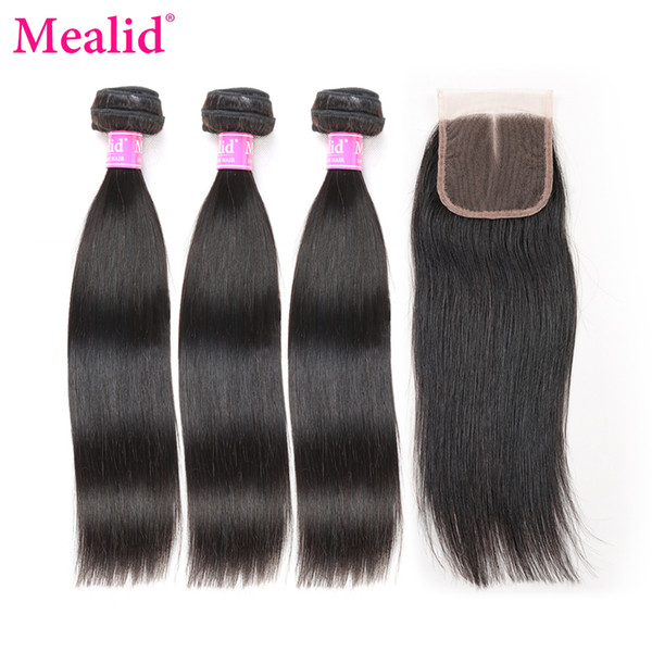 [Mealid] Brazilian Straight Hair 3 Bundles With Closure Natural Color 100% Non-remy Human Hair Lace Closure Middle Part