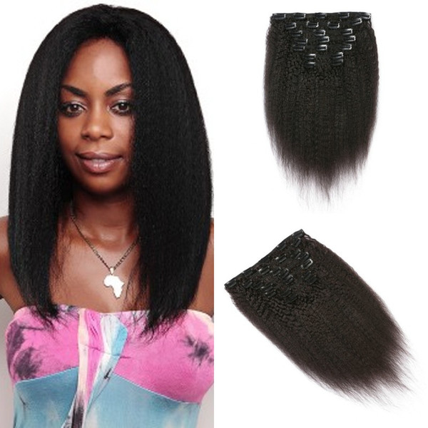 Clip In Indian Virgin Human Hair Extension 7pcs 120g Kinky Straight Clip In Natural Black Hot Sale FDshine HAIR