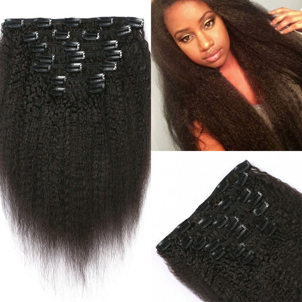 Burmese Virgin Hair Extensions 120G Full Head Kinky Straight Clip In Human Hair Extension Natural Black FDshine HAIR