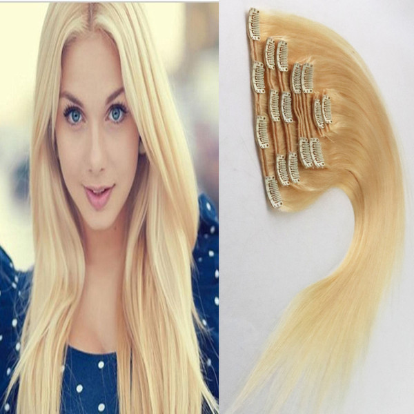 613 Bleach Blonde 8a unprocessed brazilian virgin hair straight clip in human hair extensions 8pcs double strong weft