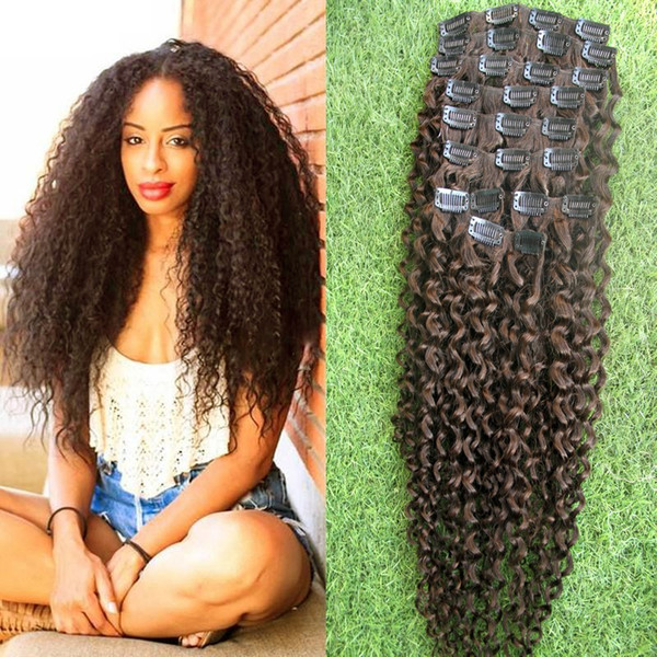 NEW Dark Brown Human Clip in Hair Extensions 9pcs Brazilian Kinky Curly Clip in Hair Extensions 100g kinky afro hair