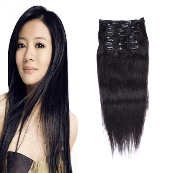 8pcs European Hair Machine Made Remy Straight Clip In Hair Extensions Human Hairpieces black Color 100G clip in human hair extensions