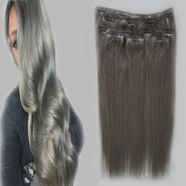 Silver Grey Color Hair Straight Hair Clip In Brazilian Machine Made Remy Human Hair Extensions 7 Pieces/Set 100g