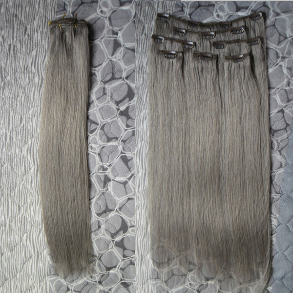 Silver Grey Straight Hair Clip In Brazilian Machine Made Remy Human Hair Extensions 7 Pieces/Set 100g Silver clip in human hair extensions