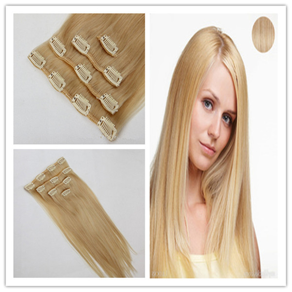 7A 7pcs Straight clip in hair extensions Blonde human clip in hair 100g clip in hair extensions for black women