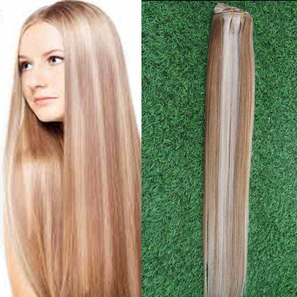 Clip in Human Hair Extensions 8pcs/set Light Brown/Bleach Blonde #P8/613 Weighs 100g Straight Weave Remy Hair