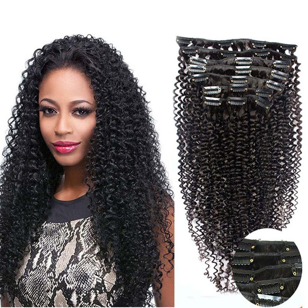 african american clip in human hair extensions 8pcs kinky curly virgin thick clip in hair extension double strong weft