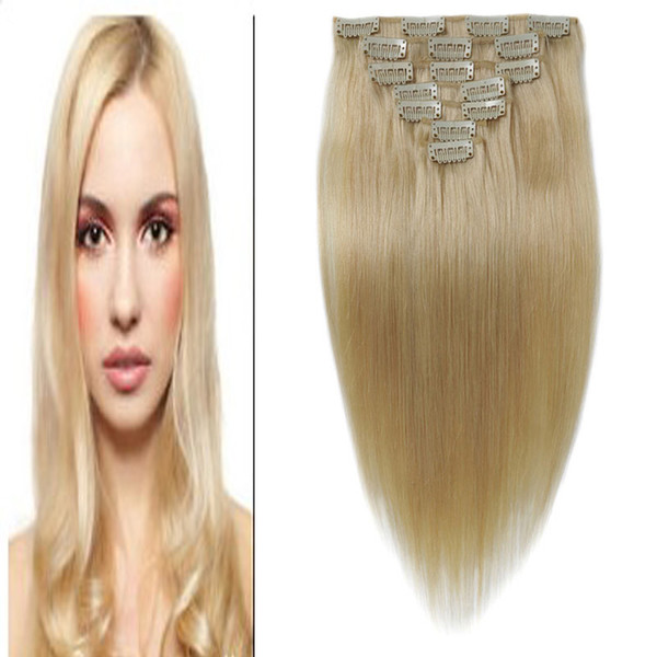 Clip in Extensions Color Blonde Hair 100g Remy Clip in Human Hair Extensions Double Weft 8pcs/Set