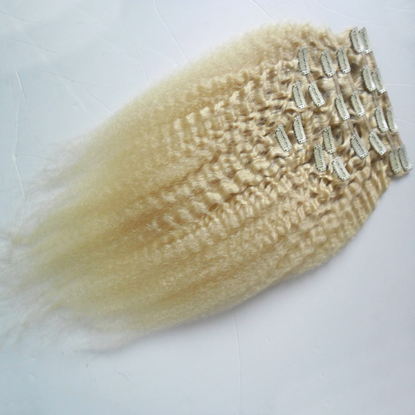 Blonde Brazilian Remy Kinky Straight Hair Clip In Human Hair Extensions Coarse Yak 9 Pieces/Set 100Gi