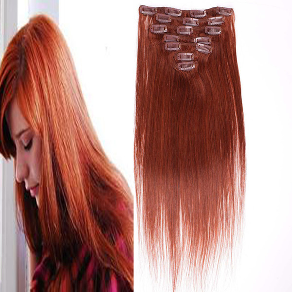 #33 Dark Auburn Brown Human Hair Clip In Extensions 100g 7pcs Straight Brazilian Non-remy Hair 4B 4C