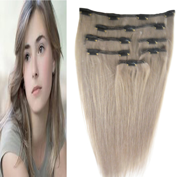 Gray hair extensions clip in extension straight 100g 7pcs silver brazilian clip in human hair extensions