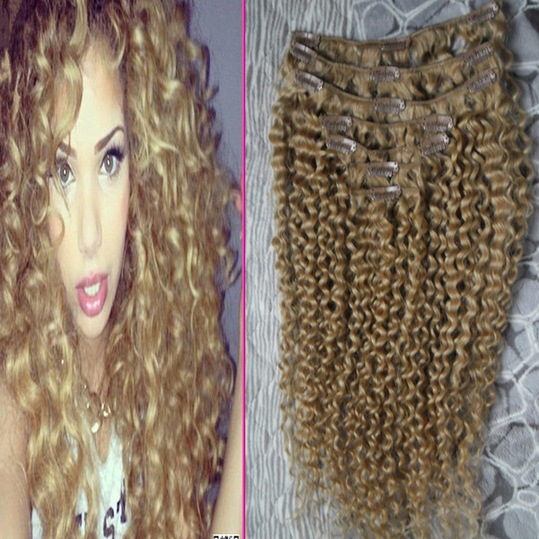 Brazilian virgin hair honey blonde Kinky Clip ins 100g 7pcs Brazilian Kinky Curly Clip In Human Hair Extensions