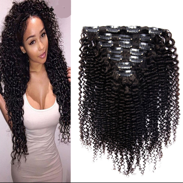 Kinky Curly Clip In Human Hair Extensions 100g 120g 7pcs Natural Black Color Clip In Human Hair Extensions