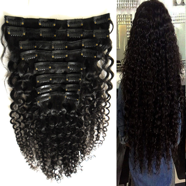 Natural color unprocessed brazilian virgin hair kinky curly clip in human hair extensions 8pcs 100g double strong weft