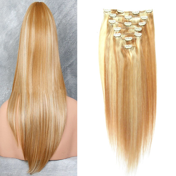 Blonde Remy clip in human hair extensions malaysian virgin hair straight 100g 7pcs Piano color P27/613