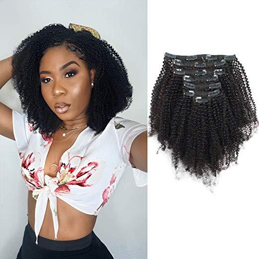 4A Afro Kinky Curly Human Hair Clip in Extensions, Brazilian Mongolian Virgin 4A Natural Color Hair Extensions 8pcs 120g