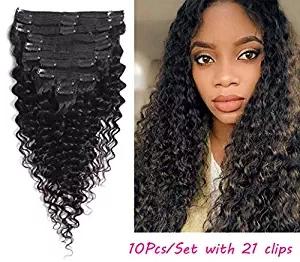 Deep Wave Curly Clip In Hair Extensions Human Hair Natural Black Color 10 Pcs/Set 120 Gram(22, deep wave)