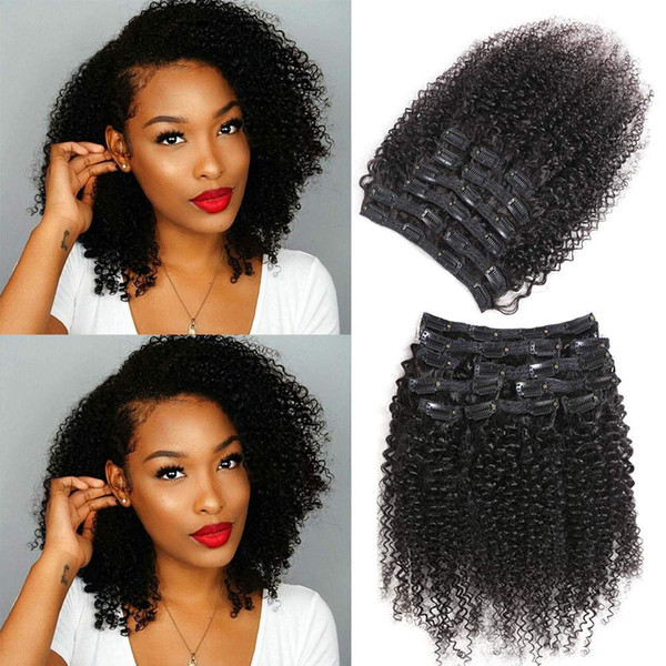 3B 3C Mongolian kinky curly clip in human hair extension for white women Short bob natural black 100g-160g Free ship