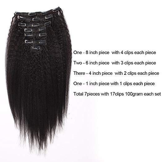 Black women Clip In Coarse yaki Human Hair Extensions 100% Virgin Remy Hair 9 pieces 120g Grade 8A for Thin Hair Natural Black