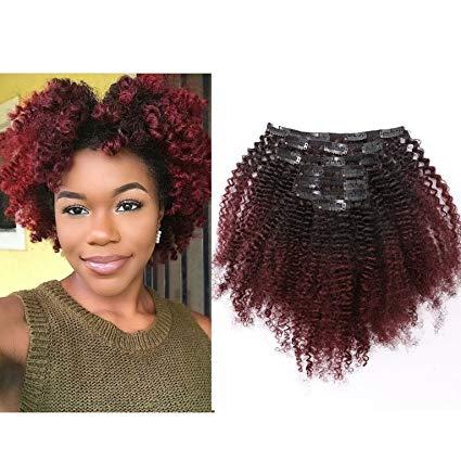 Ombre remy Clip in Human Hair Extensions Afro Kinky Curly ombre Hair Extensions Two Tone T#1B/99J Burgandy Wine red full head 120g