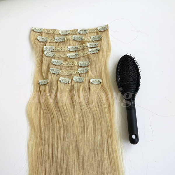 160g 10pcs/set Clip in on Hair Extensions double drown straight 20 22inch Brazilian Indian Remy Human Hair #613/Bleach Blonde