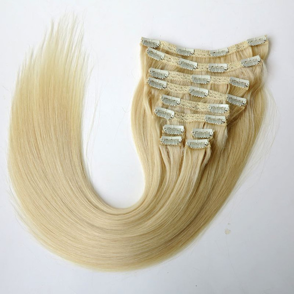 160g 10pcs/set 20 22inch Clip in Hair Extensions Smooth Brazilian human Hair #613/Beach Blonde Remy Straight Hair more colors