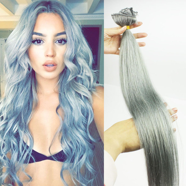 #Grey Clips In Hair Extensions Silver 120gram Clip In Human Hair Peruvian Straight Clip In Human Hair Extensions