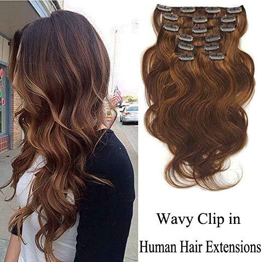 Balayage brown Color Virgin Human Hair Clip In Hair Extensions 7 Pieces #P4/8 medium brown mix lisht brown wavy