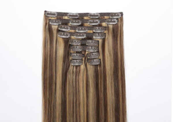 Brown Mix Blonde Straight Clip on Hair Extensions Human Hair #P4/27 Fine Hair Full Head Clip in Soft Comfortable Colored Clip ins