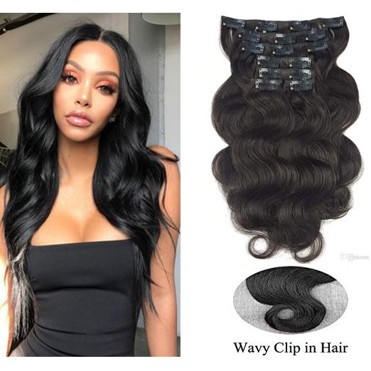 Human Hair Clip in Extensions for Women #1 Pure Black Body Wave Short Remy Full Head Wavy Clip in Human Hair Extensions