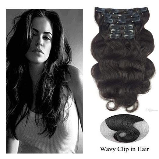 24inch Long Pure Black Clip in Human Hair Extensions for Women Body Wave Short Remy Full Head Wavy Clip in Human Hair Extensions