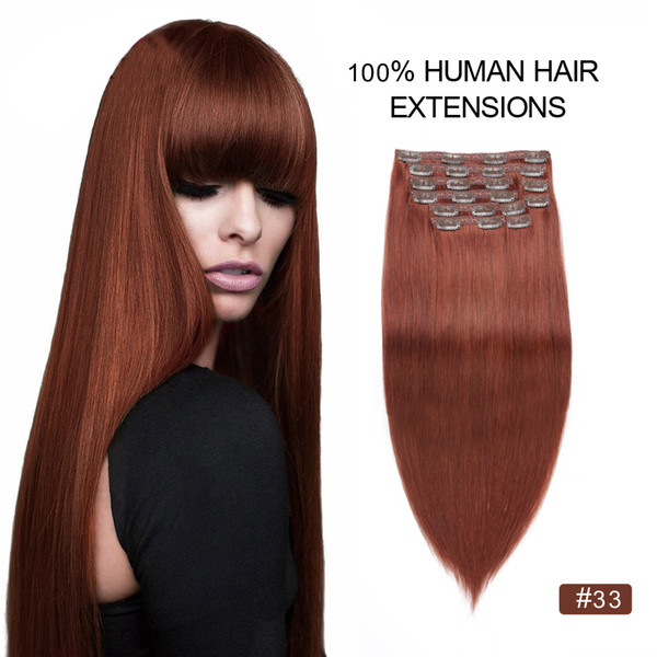 Clip Hair Extensions Copper Auburn Red Remy 100% Human Hair Extensions Clip on Clip in Extensions