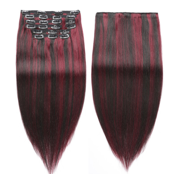 Virgin Brazilian Clip in Hair Extensions 10a Grade Remy Human Real Straight Easy Volume Hair Natural Color with Red Wine Extensions 1b #99J