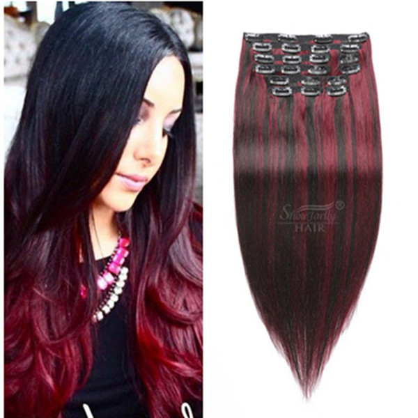 Malaysian low price P1b/99j color cheap natural clip in hair extensions 14inch 110g straight 10pcs set real human hair clip in extensions