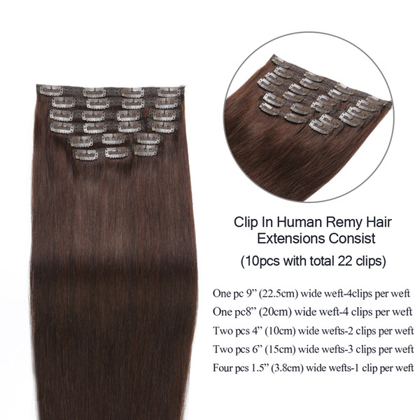 Human Hair Clip in Extensions Straight Real Remy Clip in Human Hair Extensions Dark Brown Full Head Clip in Hair Extensions