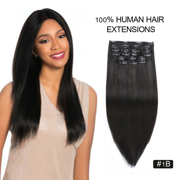 Clip in Hair Extensions Brazilian Virgin Human Hair Straight Seamless Clip in Hair Extensions for Black Women Seamless 10pcs 1b color