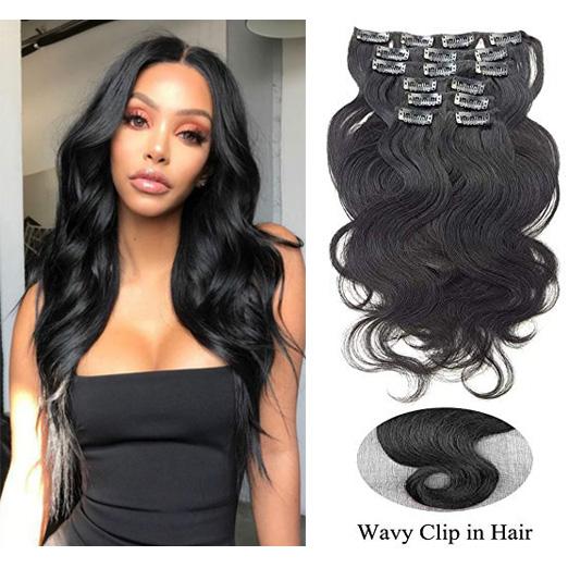 Body Wave Remy Clip in Hair Extensions Human Hair 7Pcs Thick Full Head Wavy Clip on Real Human Hair Extensions #1 Jet Black