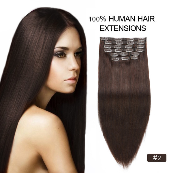 10pcs Straight Real Remy Human Hair Clip in Extensions Dark brown Full Head Clip on Hair Extensions Wholesale