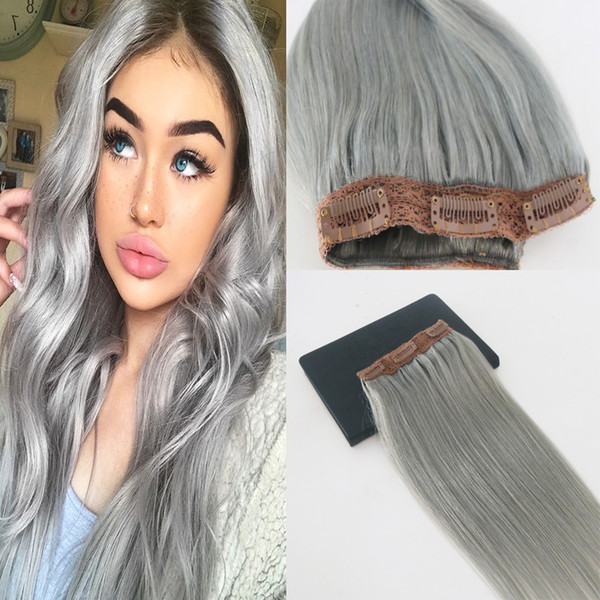 5 Clips One Piece Clip In Human Hair Extensions With Lace Straight Brazilian Virgin Hair Pure Color #Silver