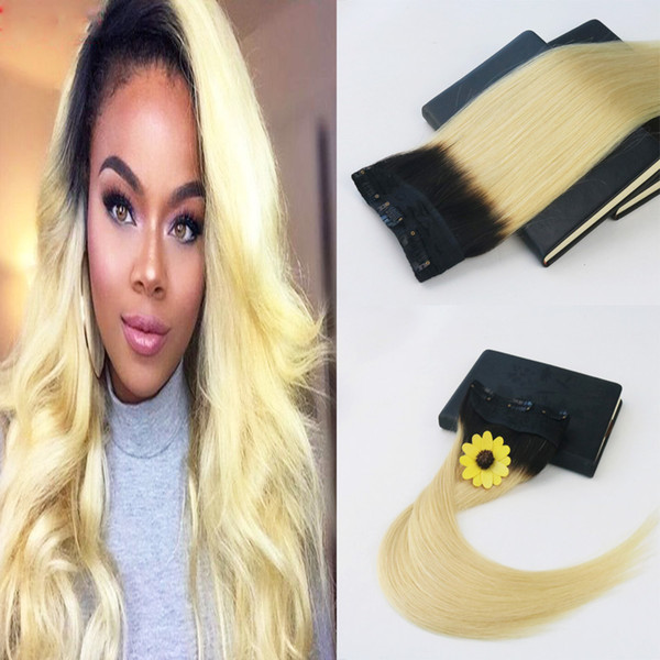 Ombre Color #1B Fading to Color #613 One Piece Clip In Human Hair Extensions 5Clips With Lace Virgin Human Hair