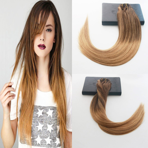 High Quality 14-24inch Straight Hair #4#27#10 7Pcs 100G Full Set Clip On Hair Extensions 100% Brazilian Human Hair