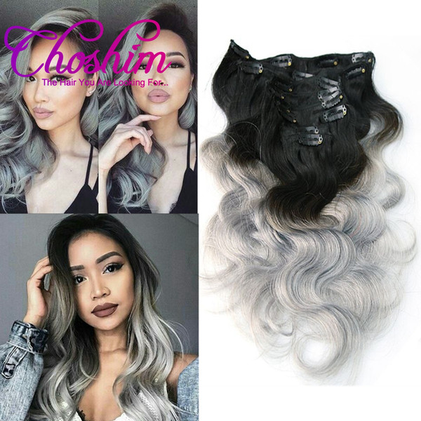 Choshim Hair 1B/Silver Grey Color Body Wave Human Hair Clip In Brazilian Ombre Remy Hair Extensions 8 Pcs/Set 120g Clips